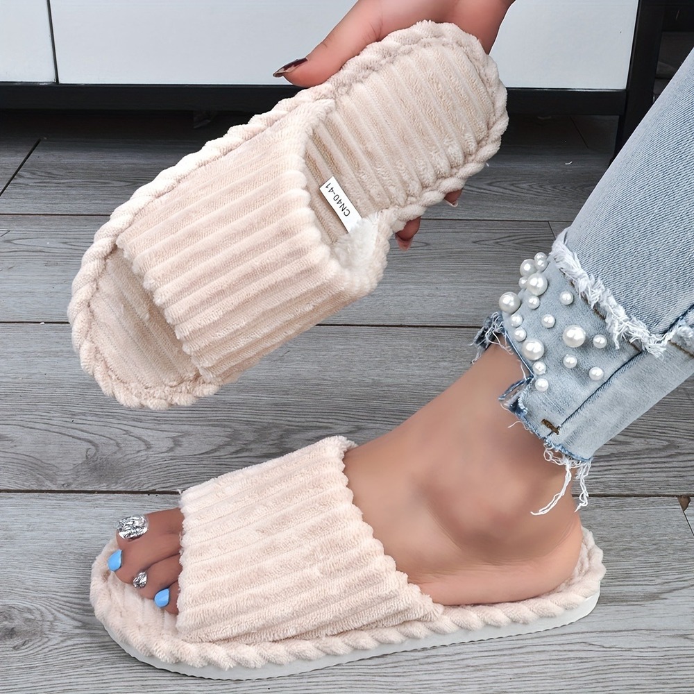 Unbranded Cream Beige Corduroy Plush Slide Slippers Open Toe Fuzzy NEW 7.5-8